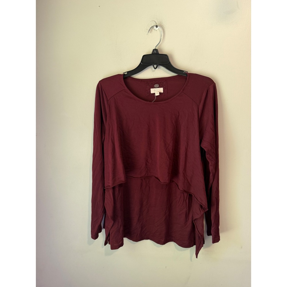 Cupio Womens Burgundy Tiered Long Sleeve Top Modal Blend Lace Detail Size L